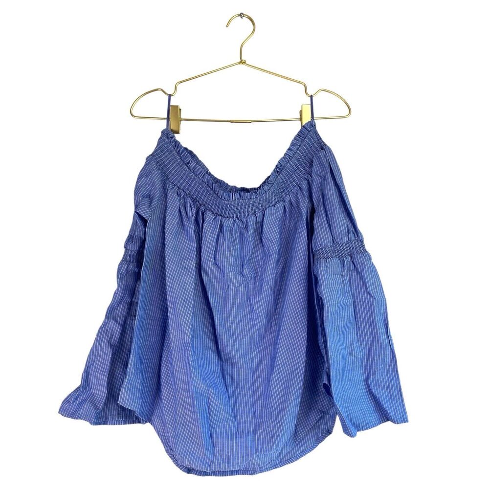 Express Womens Blue Pinstripe Off Shoulder Smocked Bell Sleeve Blouse Large 540